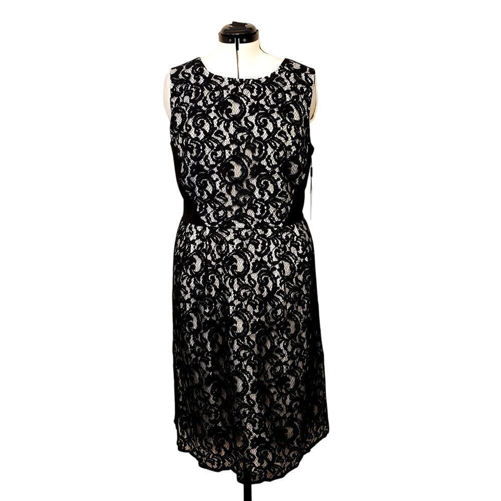 Calvin Klein Black White Sleeveless Lace Overlay Cocktail Party Dress | SZ 16W - Picture 2 of 13